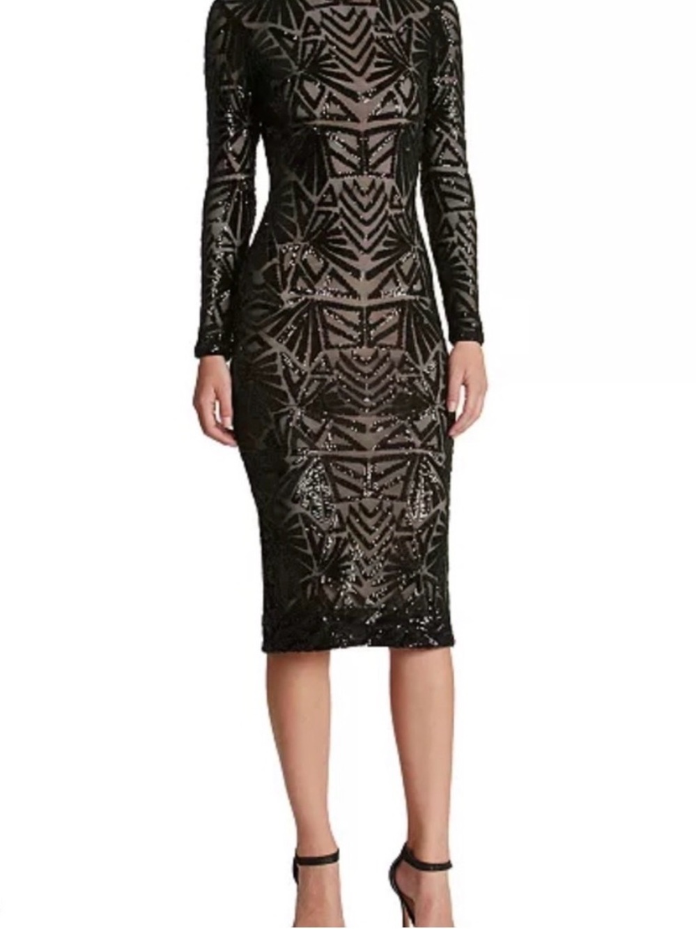 Dress the Population Emery Long Sleeve Black Sequin Geometric Midi Dress
